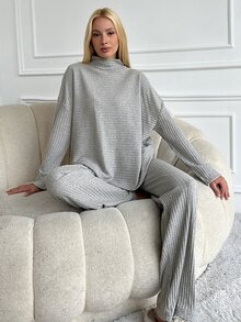 SHEIN تي شيرت بياقة قمعية وأكتاف منسدلة من القطن & بنطال - رمادي فاتح - مشاهدة 1