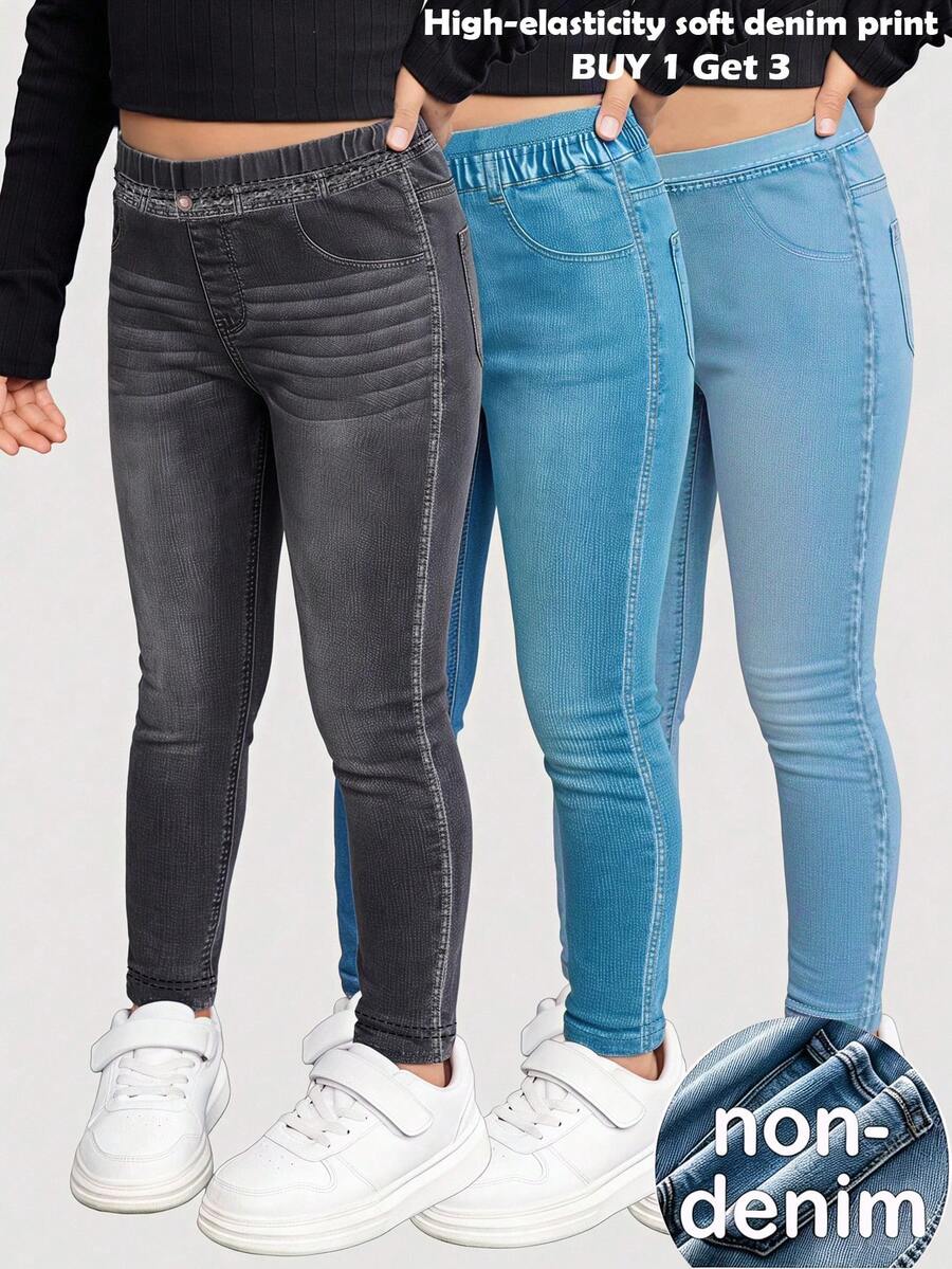 Young Girl Young Girl 3PCS Young Young Girl Girls Denim Effect Print Leggings