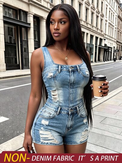 Rovax Women's Denim Effect Print Square Neck Sleeveless Casual Romper