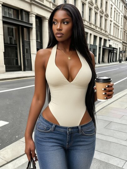 Rovax Women's Solid Color Deep V-Neck Sexy Halter Bodysuit