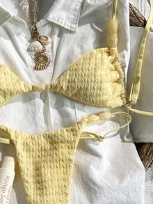 Swim Mod-D Women's Spring/Summer Jacquard Fabric Spaghetti Strap Red Beaded Bikini Set - Yellow - View 5
