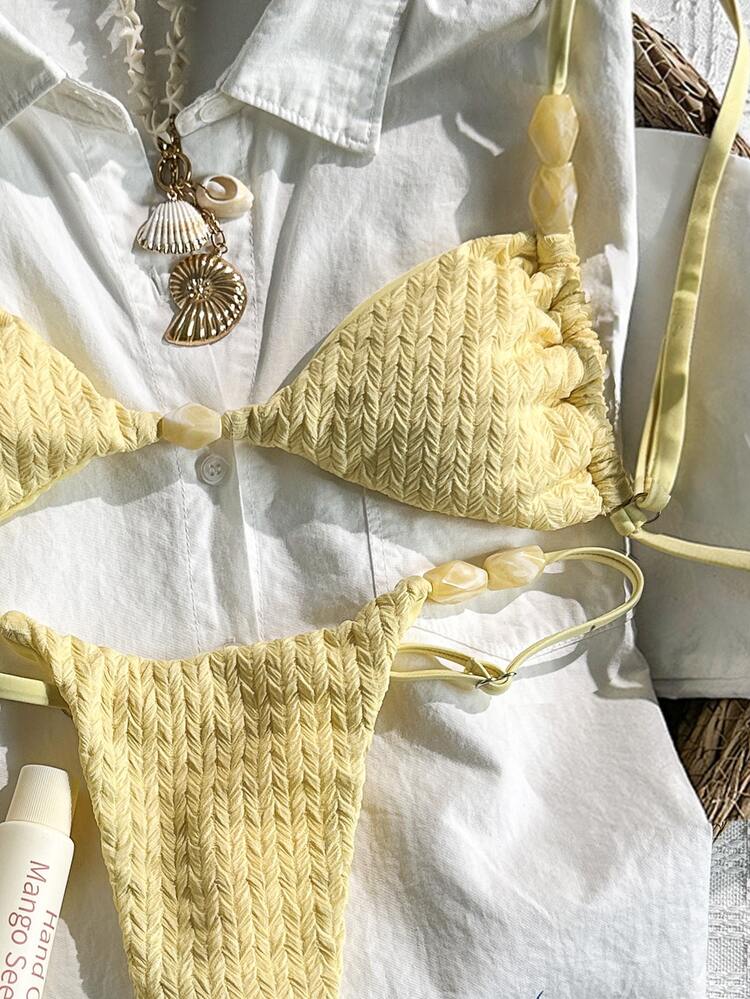 Bikini de mujer Swim Mod-D con tirantes de espagueti, de tela jacquard, rojo con cuentas, para primavera/verano - Amarillo - Añade 5