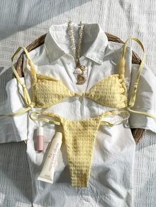 Swim Mod-D Women's Spring/Summer Jacquard Fabric Spaghetti Strap Red Beaded Bikini Set - Yellow - View 2