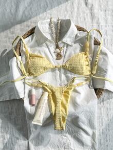 Swim Mod-D Women's Spring/Summer Jacquard Fabric Spaghetti Strap Red Beaded Bikini Set - Yellow - View 4