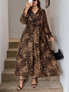 SHEIN LUNE Plus Size Women's Leopard Print Patchwork Ruffle V-Neck Long Sleeve Elegant Dress - Brown - View 7