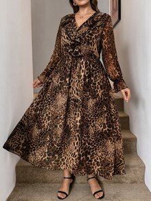 SHEIN LUNE Plus Size Women's Leopard Print Patchwork Ruffle V-Neck Long Sleeve Elegant Dress - Brown - View 8