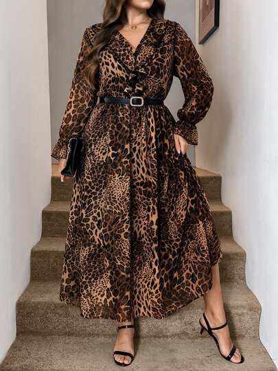 SHEIN LUNE Plus Size Women's Leopard Print Patchwork Ruffle V-Neck Long Sleeve Elegant Dress