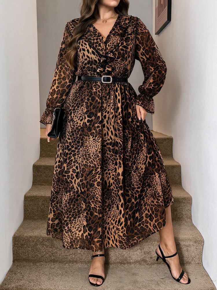 SHEIN LUNE Plus Size Women's Leopard Print Patchwork Ruffle V-Neck Long Sleeve Elegant Dress - Brown - View 1