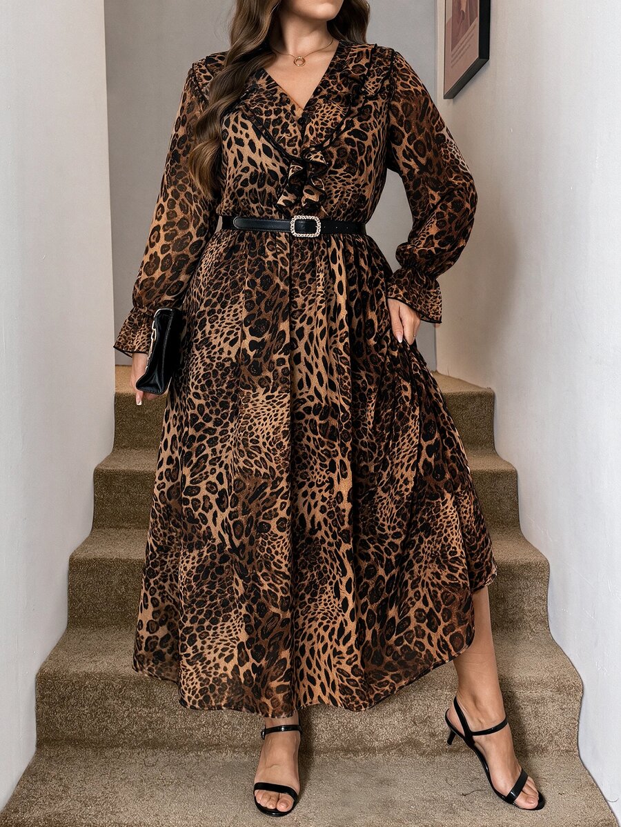 SHEIN LUNE فستان أنيق للنساء بمقاسات كبيرة بطبعة نمر وتصميم مرقع مع كشكشة وياقة على شكل حرف V وأكمام طويلة - بني - مشاهدة 1