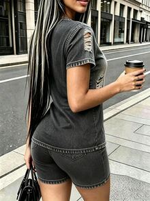 Rovax 女款街頭風圓領短袖上衣與短褲牛仔效果印花兩件套 - 彩色 - 查看 2