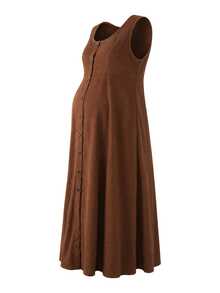 SHEIN Fashionable Comfortable White Burgundy Front Button Maternity Dress Teachers' Day Photoshoot Autumn Casual Elegant Chic Winter Thanksgiving - Brown - View 5