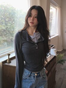DAZY Women's Patchwork Contrast Color 2 In 1 Long Sleeve Crew Neck Casual Street Vacation Korean Style Spring Autumn T-Shirt - Dark Grey - View 4