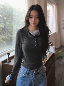 DAZY Women's Patchwork Contrast Color 2 In 1 Long Sleeve Crew Neck Casual Street Vacation Korean Style Spring Autumn T-Shirt - Dark Grey - View 7