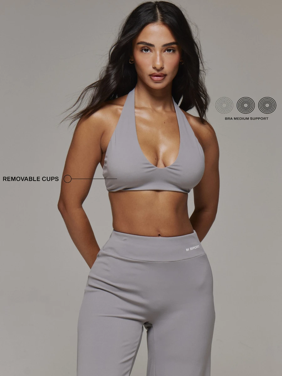 Musera Sport Plunge Front Sport Logo Halterneck Sports Bra Sport Essentials Basics Gym Workout Autumn Fall Winter - Grey - View 1