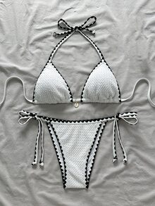 SHEIN Swim 女士 2 件套夏季海滩撞色边吊带比基尼套装 - 白色 - 查看 3