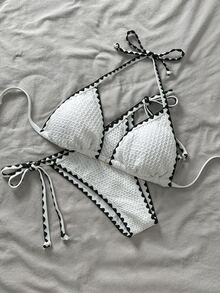 SHEIN Swim 女士 2 件套夏季海滩撞色边吊带比基尼套装 - 白色 - 查看 1