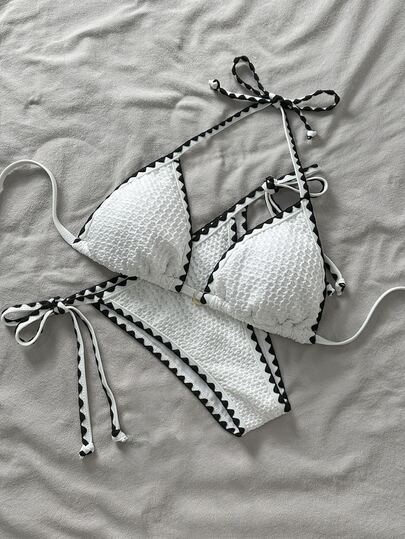 SHEIN Swim Setelan Bikini Halter Wanita 2 Potong untuk Musim Panas di Pantai dengan Trim Kontras