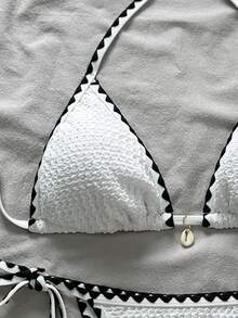 SHEIN Swim 女士 2 件套夏季海滩撞色边吊带比基尼套装 - 白色 - 查看 4