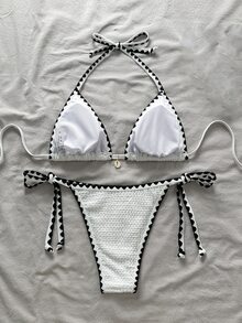 SHEIN Swim 女士 2 件套夏季海滩撞色边吊带比基尼套装 - 白色 - 查看 2