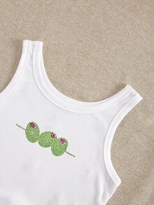 Rovax Olive Pattern Rhinestone Embellished Women's Casual Fashionable Cropped Tank Top - White - View 6