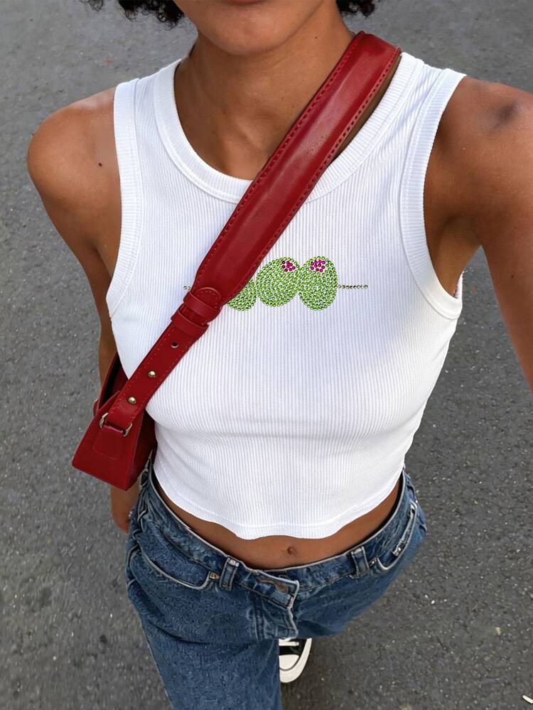 Rovax Olive Pattern Rhinestone Embellished Women's Casual Fashionable Cropped Tank Top - White - View 4