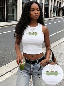 Rovax Olive Pattern Rhinestone Embellished Women's Casual Fashionable Cropped Tank Top - White - View 1
