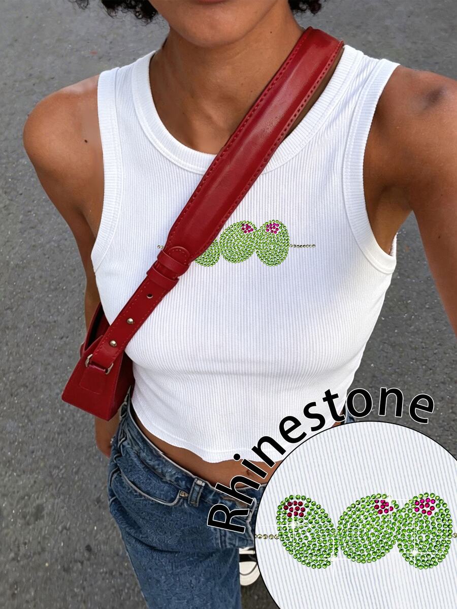 Rovax Olive Pattern Rhinestone Embellished Women's Casual Fashionable Cropped Tank Top - White - View 1