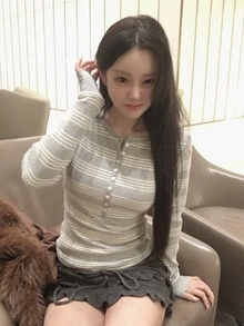 DAZY Women's Contrast Ribbed Ribbed Texture Slim Fit Long Sleeve Crew Neck Casual Vacation Korean Style Fall T-Shirt Everyday Travel Grey Plaid - Grey - View 3