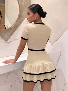 Slaydiva Women Y2K Knit Mini Dress V Neck Contrast Trim Short Sleeve Tiered Ruffle Hem Bodycon Sweater Dress Evening Party Holiday Outfit For Christmas - Apricot - View 5