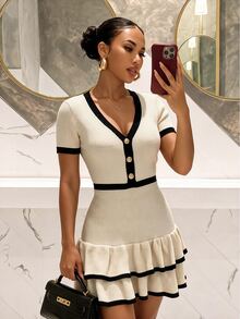 Slaydiva Women Y2K Knit Mini Dress V Neck Contrast Trim Short Sleeve Tiered Ruffle Hem Bodycon Sweater Dress Evening Party Holiday Outfit For Christmas - Apricot - View 2
