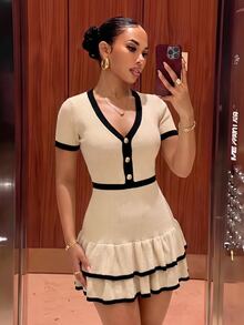 Slaydiva Women Y2K Knit Mini Dress V Neck Contrast Trim Short Sleeve Tiered Ruffle Hem Bodycon Sweater Dress Evening Party Holiday Outfit For Christmas - Apricot - View 6