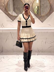 Slaydiva Women Y2K Knit Mini Dress V Neck Contrast Trim Short Sleeve Tiered Ruffle Hem Bodycon Sweater Dress Evening Party Holiday Outfit For Christmas - Apricot - View 9