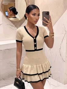 Slaydiva Women Y2K Knit Mini Dress V Neck Contrast Trim Short Sleeve Tiered Ruffle Hem Bodycon Sweater Dress Evening Party Holiday Outfit For Christmas - Apricot - View 4