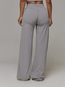 Musera Sport Logo Front Detail Wide Leg Flared Yoga Style Pant Trouser Sport Essentials Basics Gym Workout Autumn Fall Winter - Dark Grey - View 4