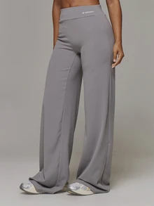 Musera Sport Logo Front Detail Wide Leg Flared Yoga Style Pant Trouser Sport Essentials Basics Gym Workout Autumn Fall Winter - Dark Grey - View 3