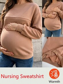 SHEIN Crew Neck Long Sleeve Maternity Nursing Sweatshirt - Brown - View 9