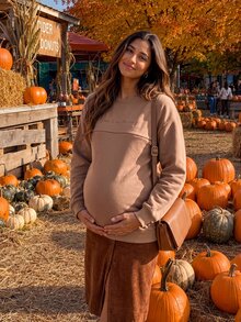 SHEIN Crew Neck Long Sleeve Maternity Nursing Sweatshirt - Brown - View 1