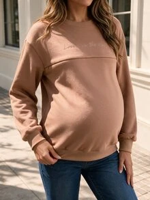 SHEIN Crew Neck Long Sleeve Maternity Nursing Sweatshirt - Brown - View 8