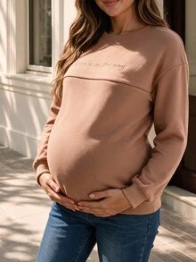 SHEIN Crew Neck Long Sleeve Maternity Nursing Sweatshirt - Brown - View 7