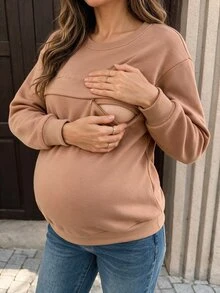 SHEIN Crew Neck Long Sleeve Maternity Nursing Sweatshirt - Brown - View 4