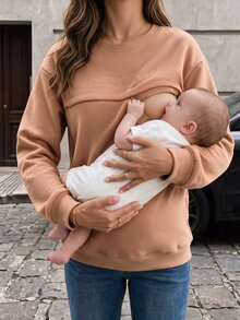SHEIN Crew Neck Long Sleeve Maternity Nursing Sweatshirt - Brown - View 5