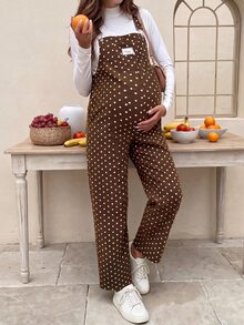 SHEIN Maternity Jumpsuit With Wide Adjustable Shoulder Straps, Front Pockets, Side Buttons, Brown With White Polka Dots, Straight Leg Overalls - Brown - View 7