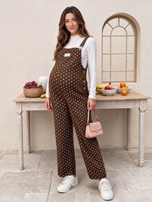 SHEIN Maternity Jumpsuit With Wide Adjustable Shoulder Straps, Front Pockets, Side Buttons, Brown With White Polka Dots, Straight Leg Overalls - Brown - View 5