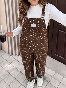 SHEIN Maternity Jumpsuit With Wide Adjustable Shoulder Straps, Front Pockets, Side Buttons, Brown With White Polka Dots, Straight Leg Overalls - Brown - View 8