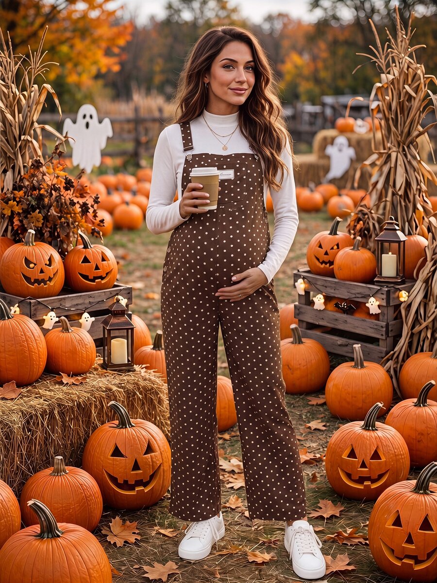 SHEIN Maternity Jumpsuit With Wide Adjustable Shoulder Straps, Front Pockets, Side Buttons, Brown With White Polka Dots, Straight Leg Overalls - Brown - View 1