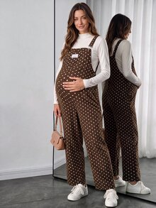SHEIN Maternity Jumpsuit With Wide Adjustable Shoulder Straps, Front Pockets, Side Buttons, Brown With White Polka Dots, Straight Leg Overalls - Brown - View 2