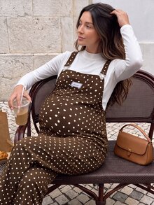 SHEIN Maternity Jumpsuit With Wide Adjustable Shoulder Straps, Front Pockets, Side Buttons, Brown With White Polka Dots, Straight Leg Overalls - Brown - View 4