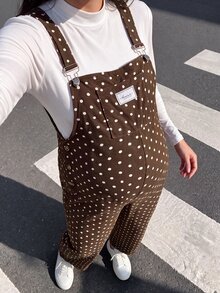 SHEIN Maternity Jumpsuit With Wide Adjustable Shoulder Straps, Front Pockets, Side Buttons, Brown With White Polka Dots, Straight Leg Overalls - Brown - View 6