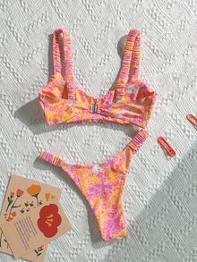 SHEIN Swim 女士随机印花荷叶边吊带高开叉性感比基尼套装，夏季 - 彩色 - 查看 2