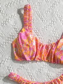 SHEIN Swim 女士随机印花荷叶边吊带高开叉性感比基尼套装，夏季 - 彩色 - 查看 3